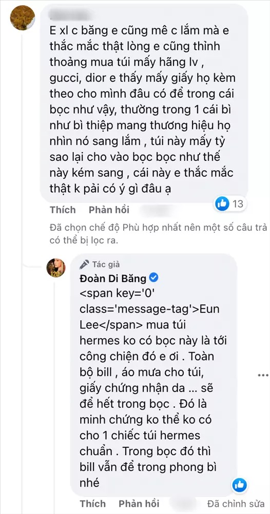 Trước ý kiến nghi ngờ vì hóa đơn và phụ kiện được Hermès để trong túi zip nilon kém sang, Đoàn Di Băng thậm chí còn giải thích cặn kẽ để tự 