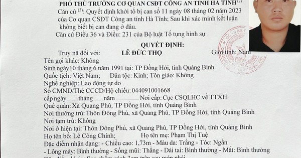 Quyết định truy nã đối với Lê Đức Thọ (Ảnh Công an Hà Tĩnh)