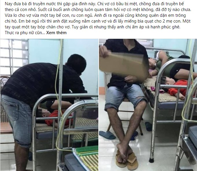  Người chồng một tay bế con, một tay vẫn ân cần chăm sóc vợ bầu. (Ảnh: Chụp màn hình FB P.L)