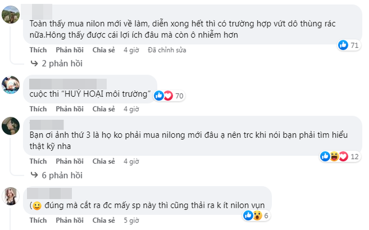 Bên cạnh lời khen về sự sáng tạo, một bộ phận cư dân mạng cho rằng các bạn học sinh đang bỏ qua ý nghĩa mà nó đem lại, bởi nguyên liệu phần lớn toàn là túi nilong.