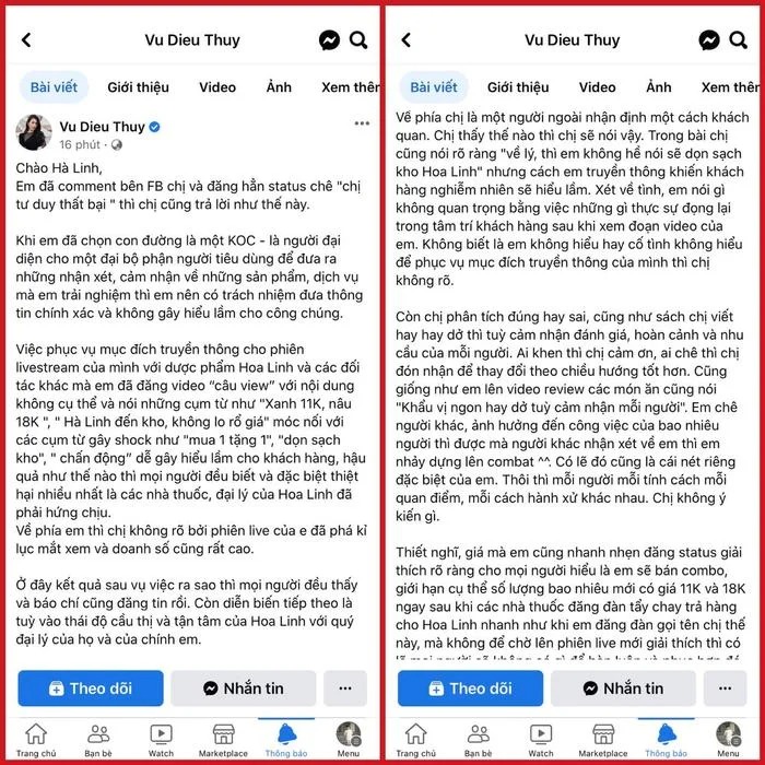 Bài đăng dài của Diệu Thúy sau khi bị Hà Linh 