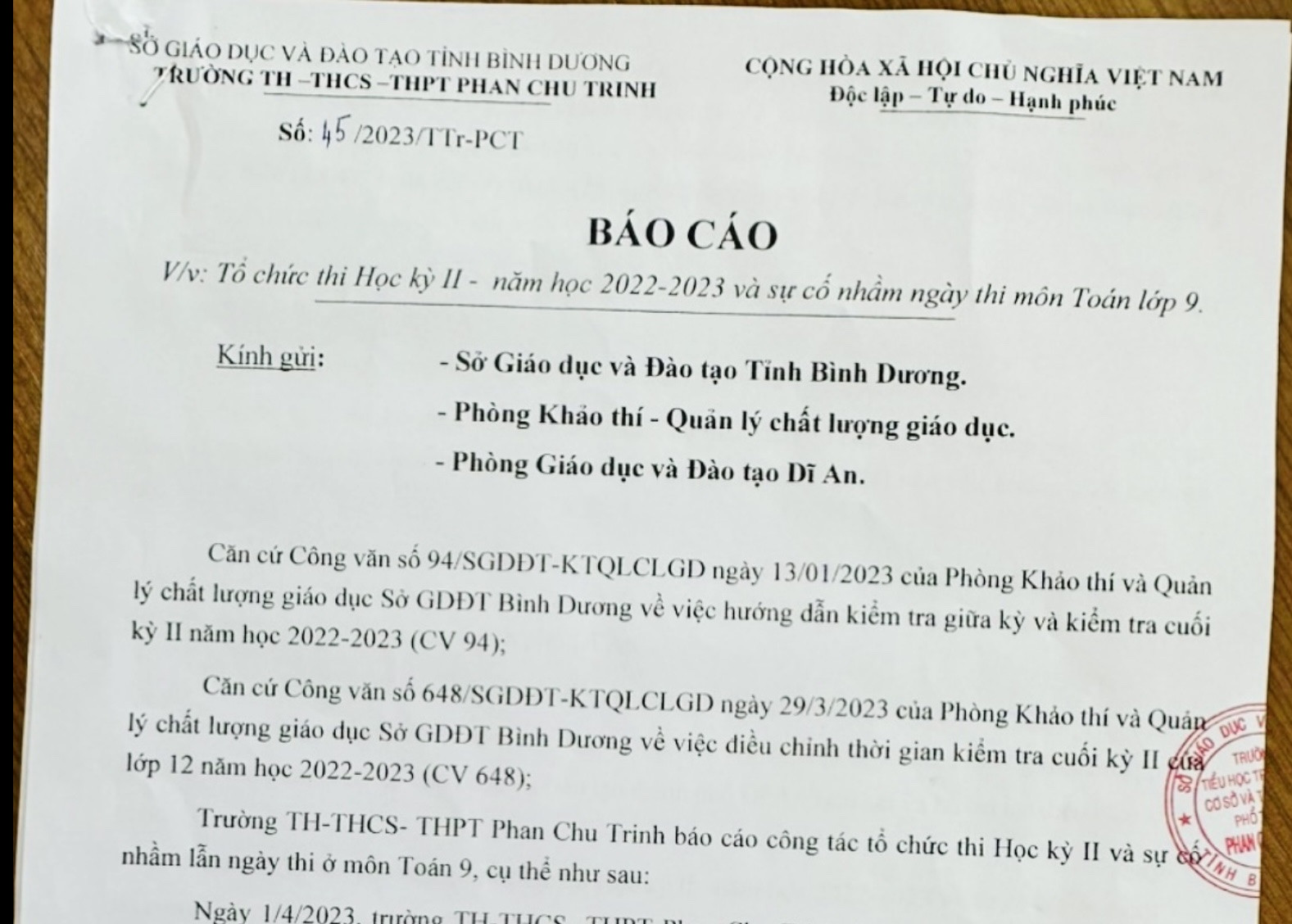 Báo cáo giải trình của Trường TH-THCS-THPT Phan Chu Trinh - Ảnh: T.T