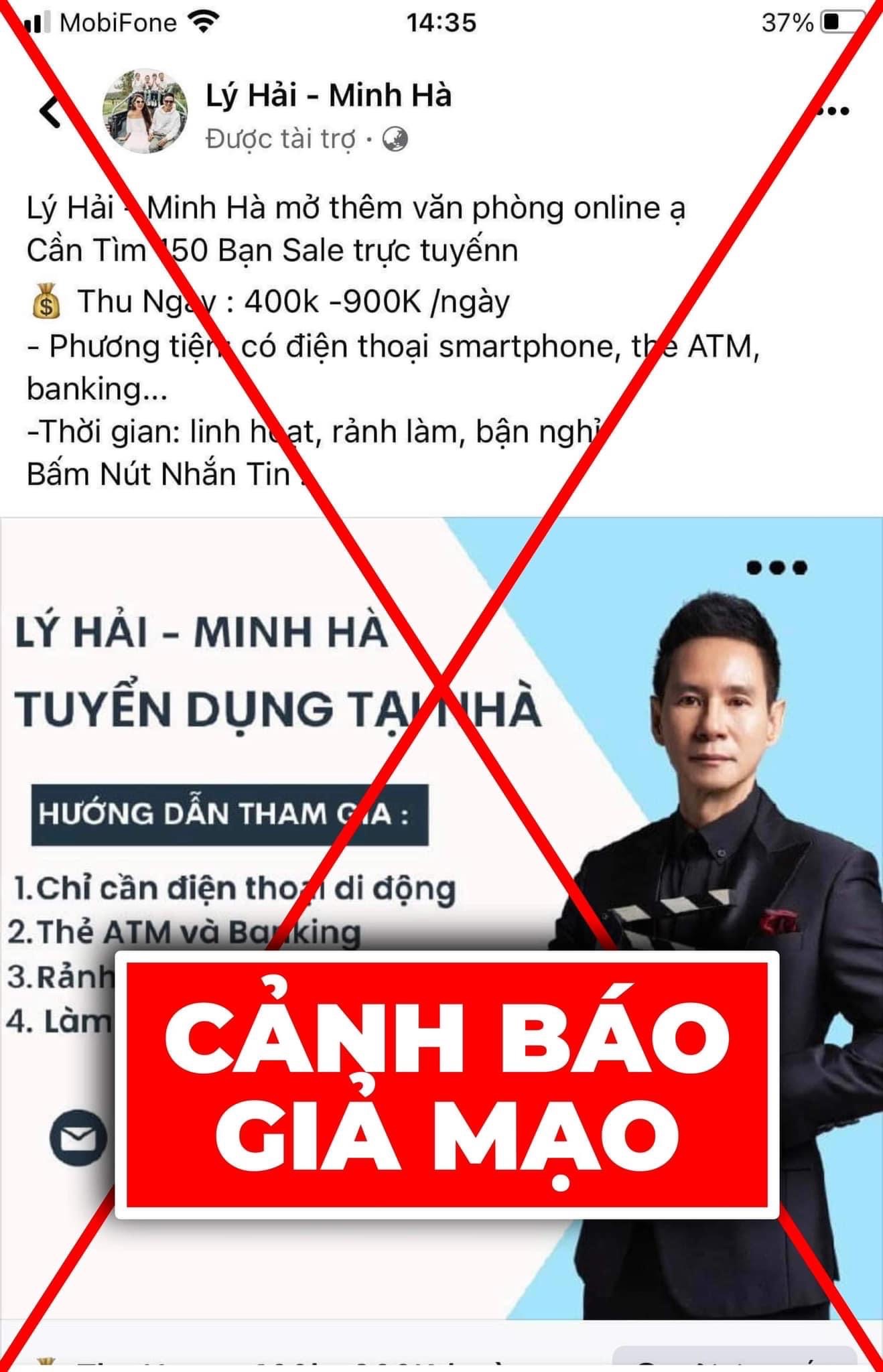 Kẻ xấu đã chạy quảng cáo tin vợ chồng Lý Hải tuyển dụng công việc khiến nhiều khán giả bị lừa