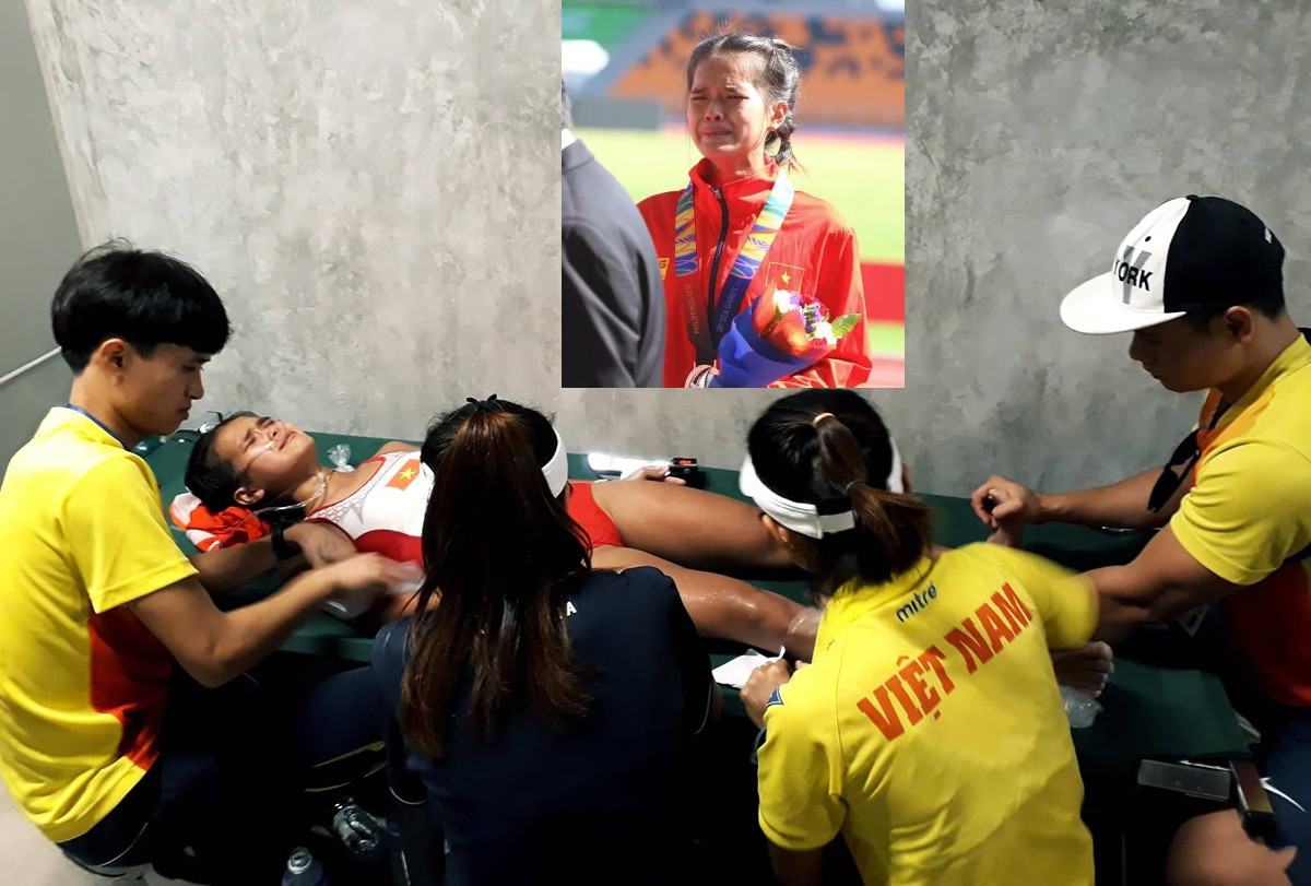 Hình ảnh nữ VĐV điền kinh Việt Nam khóc nức nở khi bước lên bục nhận HCĐ và hình ảnh cô phải cấp cứu khi vừa về đích khiến nhiều người rơi nước mắt.