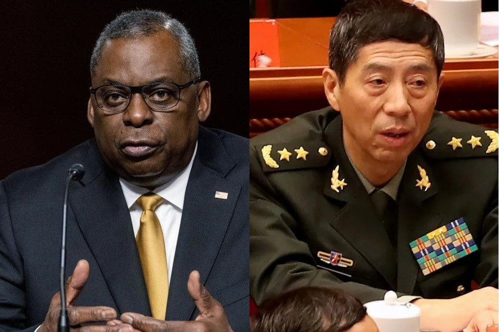 Bộ trưởng Quốc phòng Mỹ Austin và người đồng cấp Trung Quốc Lý Thượng Phúc. Ảnh: AP