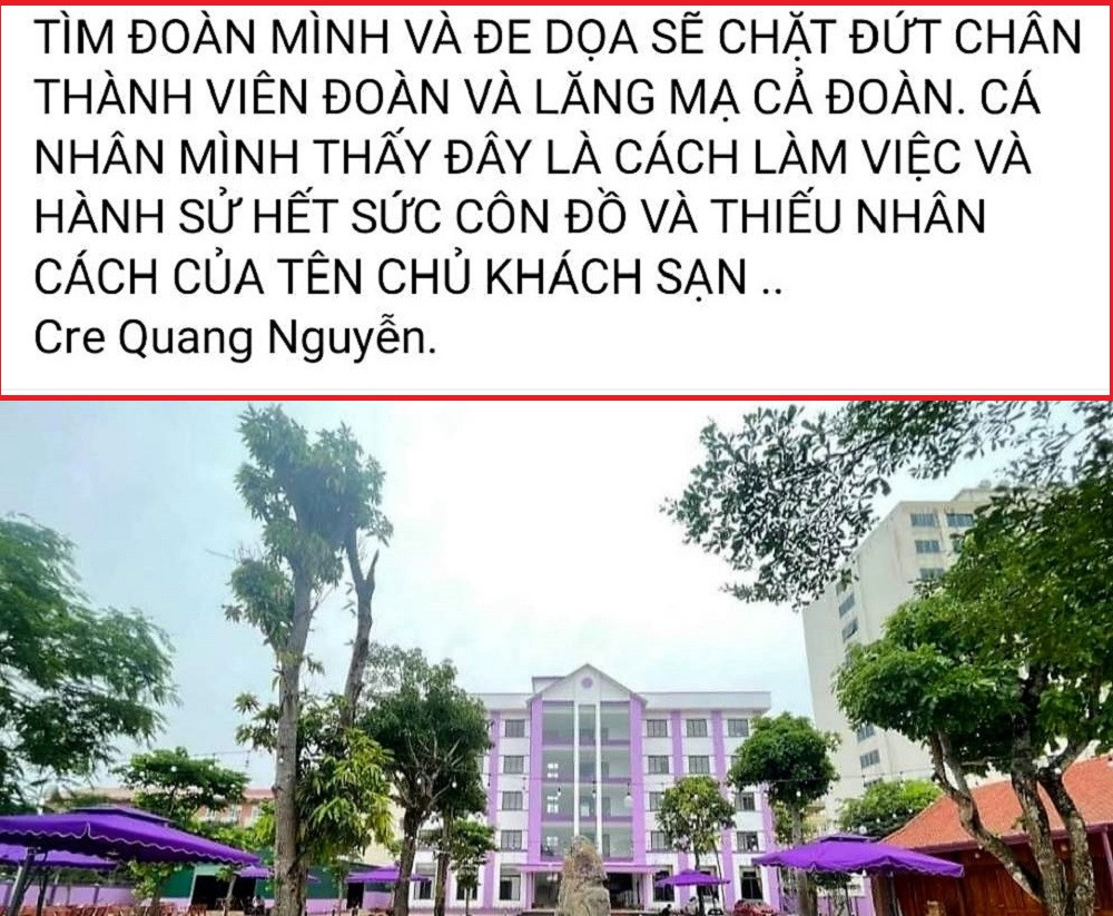 Thông tin đăng tải trên mạng xã hội tố khách sạn dọa nạt, “chặt đứt chân” đoàn khách. (Ảnh chụp màn hình).
