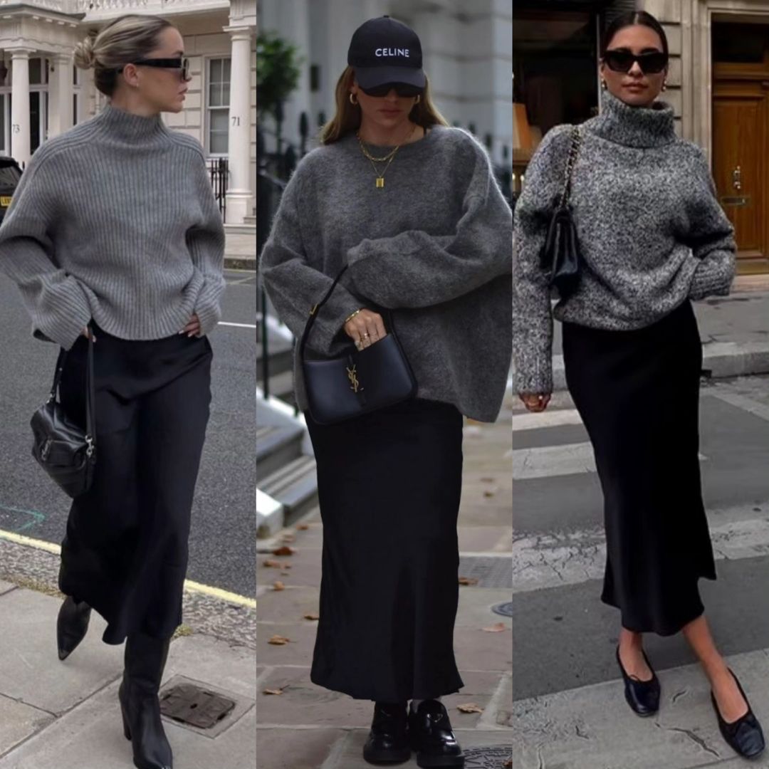 Cho những ngày tiết trời lạnh giá, bạn cứ áp dụng ngay combo áo len oversized tông xám mix cùng chân váy dài tông đen là đã có set đồ ưng mắt. Với set đồ này, bạn có thể thoải mái trong khoản giày dép đi cùng, có thể diện với boots cao cổ, giày da, giày búp bê cũng đều hợp cả