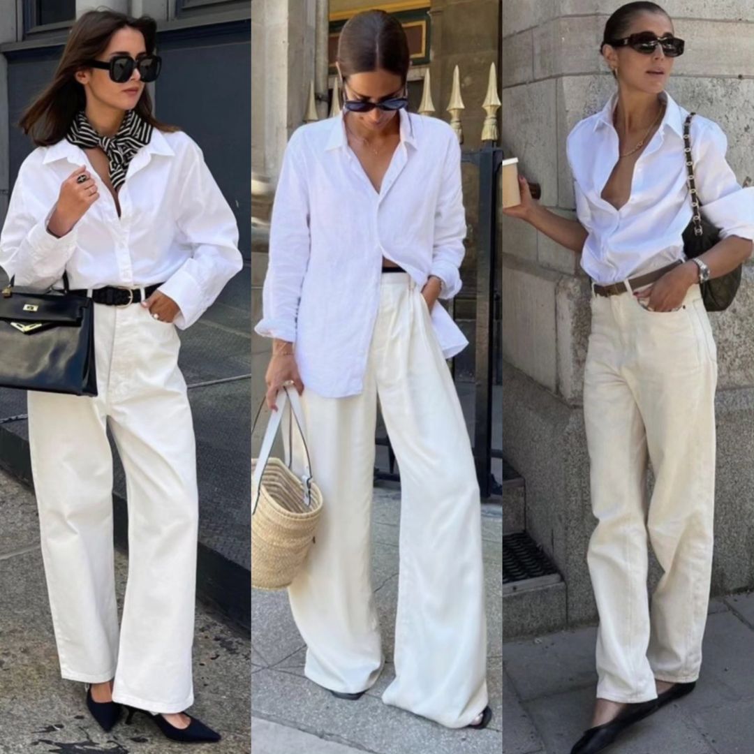 Combo sơ mi trắng + quần cạp cao được nhiều nàng blogger cùng chung ý tưởng áp dụng, set đồ này có thể sơ vin hoặc buông thõng áo ngoài quần đều hợp cả. Họ cùng diện combo trên với giày tông đen và đeo kính râm