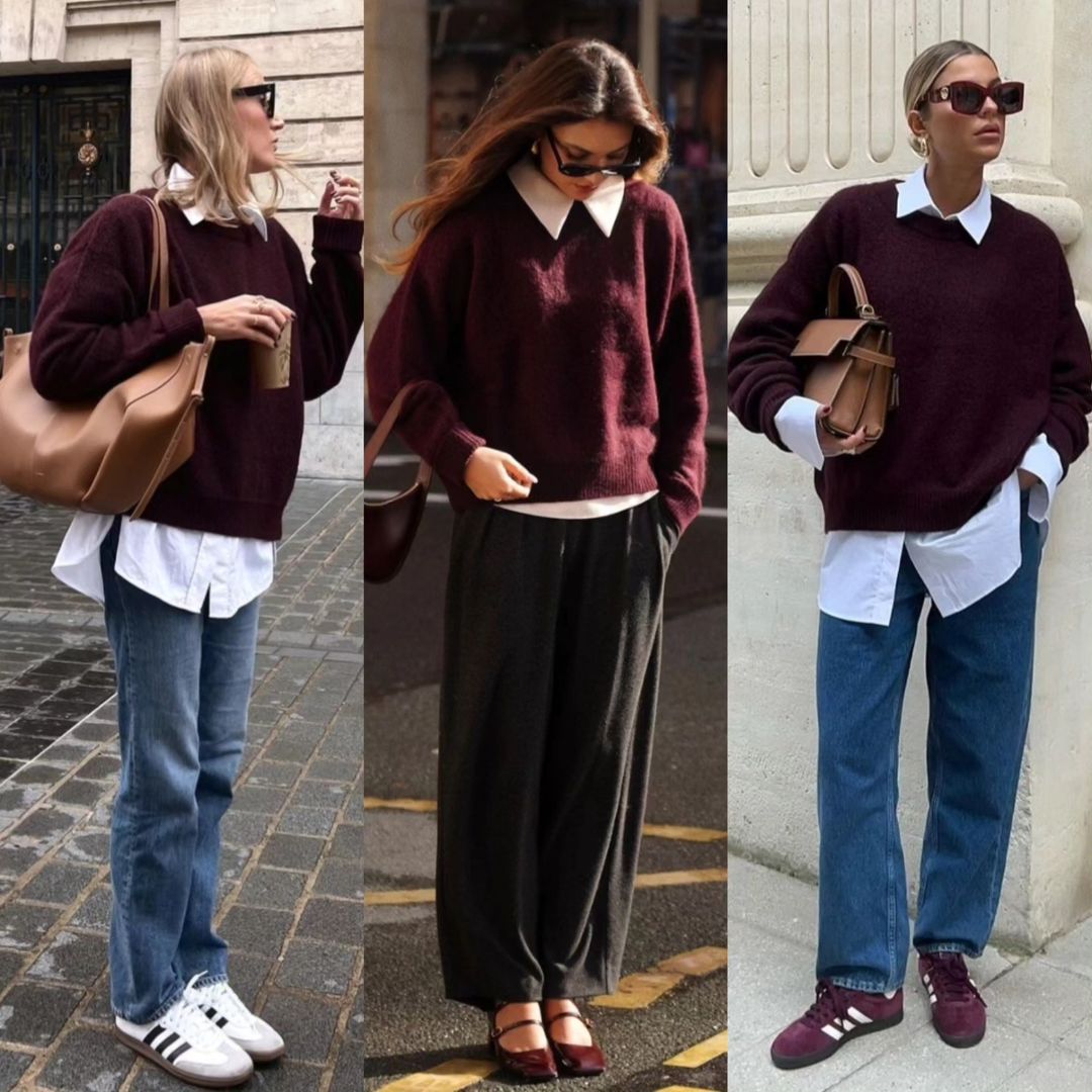 Với áo len đỏ, chẳng hẹn mà gặp hội blogger cùng mix áo với sơ mi trắng và cố tình để lộ phần cổ áo ra ngoài. Công thức này vừa thú vị lại vừa kín đáo, nên có thể diện khi đi làm hay đi chơi cũng hợp cả