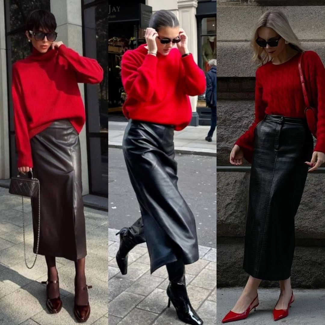 Một công thức khác cũng được hội blogger rất mê đó là mix áo len đỏ với chân váy da tông đen. Với set đồ này bạn nên sơ vin 1 phần áo bên trong váy để tăng hiệu quả tôn dáng