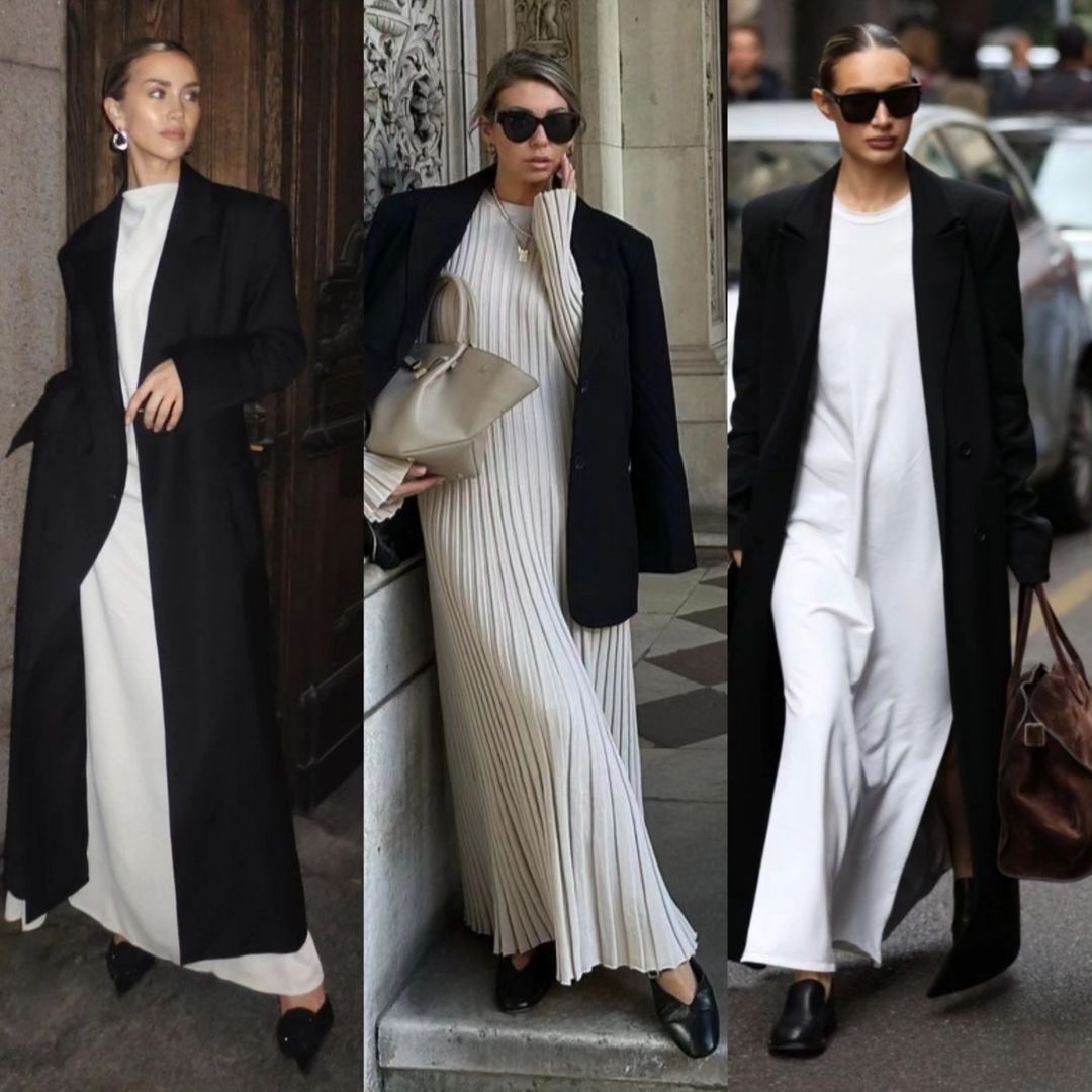 Thêm 1 combo đơn giản nhưng cực sang chảnh mà bạn có thể học từ hội mặc đẹp đó là váy trắng dáng dài mix cùng áo khoác đen. Với combo này, bạn có thể mix cùng giày da tông đen, đeo kính râm, để tóc búi gọn gàng