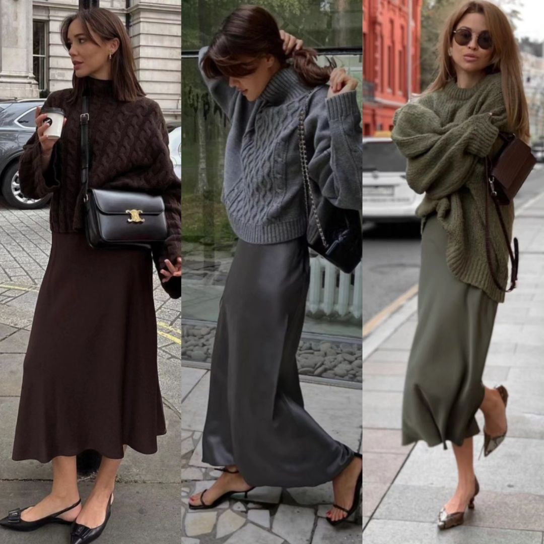 Combo áo len oversized và chân váy lụa được nhiều blogger yêu thích và diện đi diện lại trong mùa lạnh. Để tiết kiệm thời gian mix đồ thì bạn cứ chọn áo và váy cùng tông là có ngay outfit ưng mắt