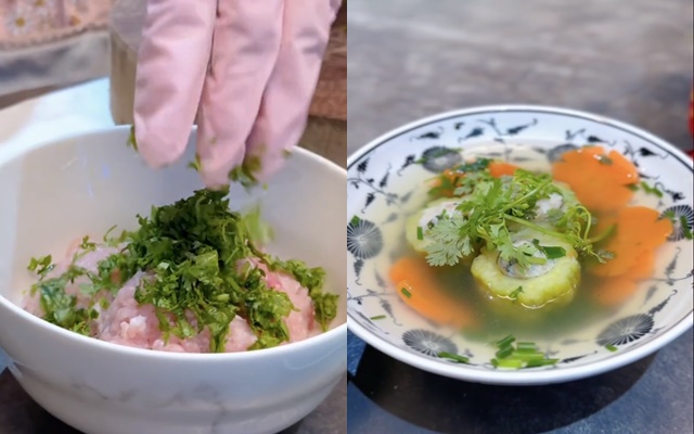 Với món canh, nữ diễn viên ướp cá thác lác xay, thịt băm với một chút hành hoa, mùi thơm và gia vị rồi nhồi nhân vào bên trong trái khổ qua. Sau khi đun nước dùng xong chỉ việc thả rau củ vào, nêm nếm và cho thêm hành mùi