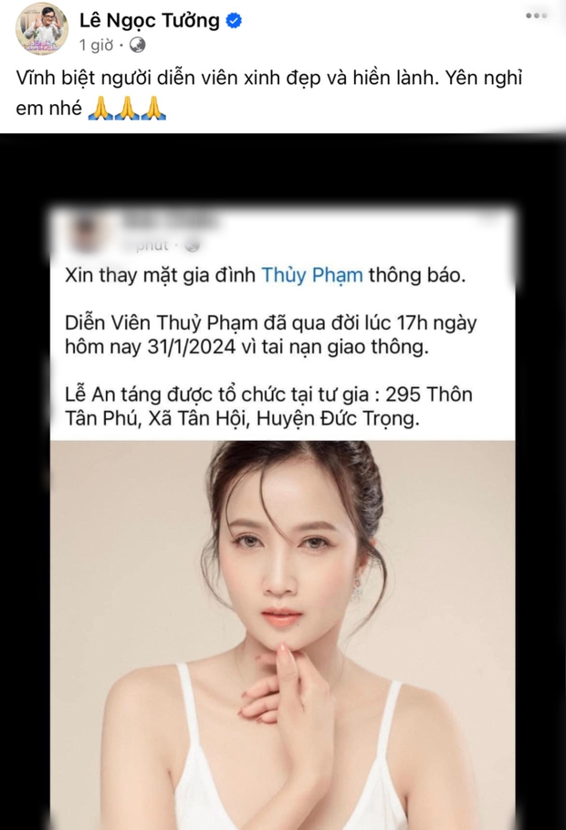 Diễn viên Ngọc Tưởng cũng bày tỏ sự xót xa, nghẹn ngào tiễn biệt đàn em