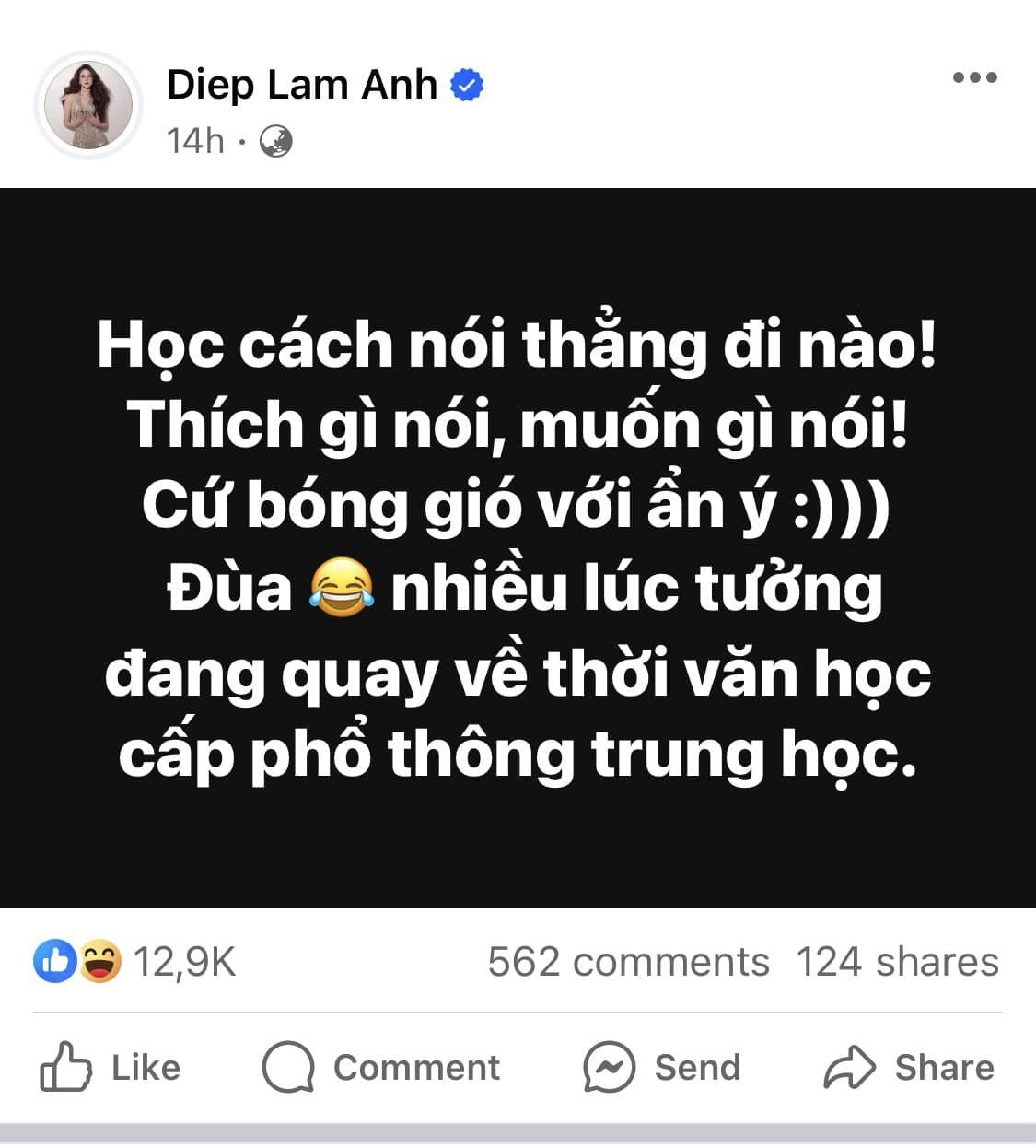 Diệp Lâm Anh thể hiện thái độ mỉa mai và hài hước khi bỗng nhiên bị vướng vào câu chuyện của ai đó