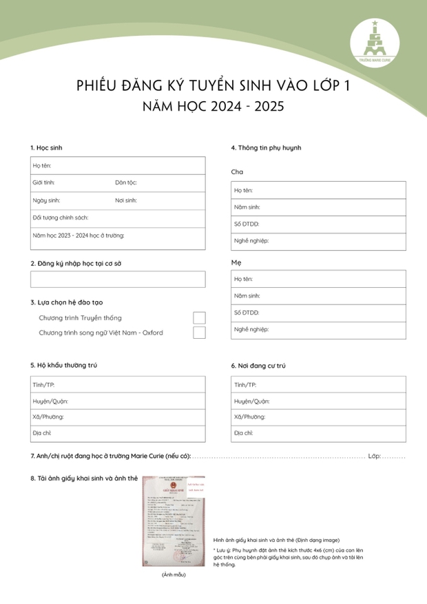 Mẫu đăng ký tuyển sinh trực tuyến của trường Marie Curie