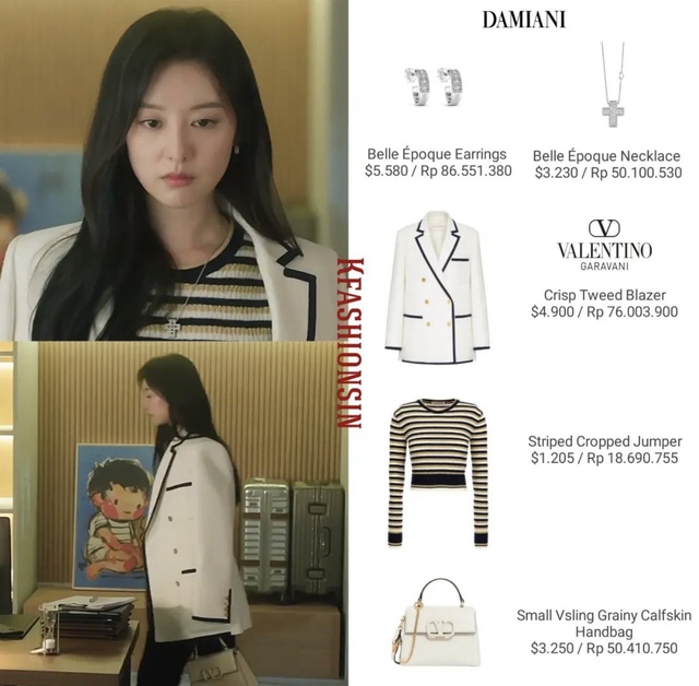 Nữ diễn viên đầy kiêu kỳ, thanh lịch với mẫu blazer trắng phối cùng áo hoạ tiết kẻ của Valentino. Điểm nhấn bộ trang sức cao cấp của Damiani cũng giúp diện mạo cô thêm lấp lánh. Tổng set đồ này có giá lên đến hơn 435 triệu VNĐ