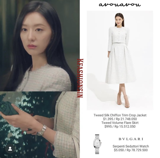 Nữ diễn viên cũng cực kỳ ưa chuộng những mẫu váy dạ tweed trắng với phần chân váy dài, vừa tinh tế lại nhẹ nhàng, nữ tính. Cô cũng lựa chọn thêm những phụ kiện cao cấp của Cartier hay BVLGARI để tạo điểm nhấn. 2 set đồ này có tổng giá khoảng 170 triệu VNĐ (trái) và 178 triệu VNĐ (phải)