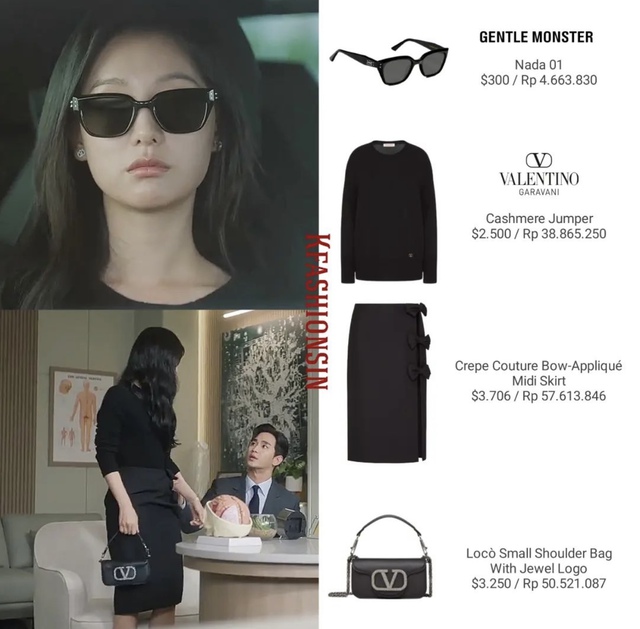 Set đồ all black của Valentino cùng mắt kính Gentel Monster khiến Kim Ji Won vô cùng cool ngầu, cá tính. Set đồ này có giá gần 235 triệu VNĐ