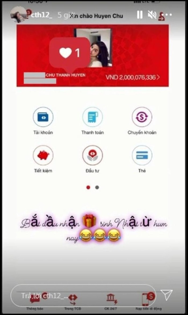 Chu Thanh Huyền từng khoe số dư tài khoản vài tỷ đồng.