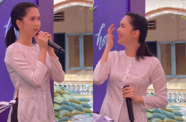 Ngọc Trinh xúc động nghẹn ngào, phải quay vào trong để lau nước mắt khi phát biểu trước bà con trong chuyến từ thiện