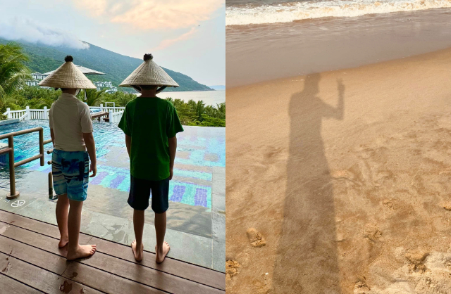 Lâm Chí Dĩnh còn khoe ảnh 2 con trai đội nón lá. Các con nam diễn viên tỏ hào hứng với chuyến du lịch Việt Nam khi được cha mẹ dẫn đi tắm biển, nhảy sóng