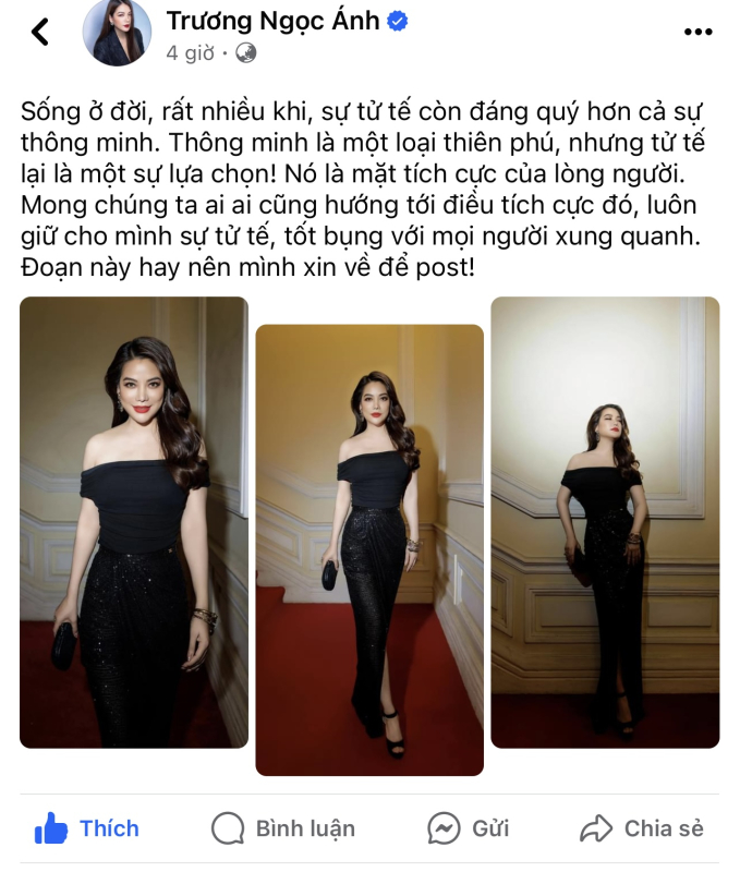 Trương Ngọc Ánh chia sẻ bài viết tâm trạng trên trang cá nhân