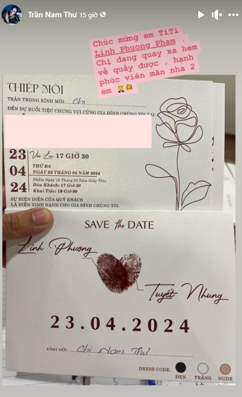 Nam Thư cũng được mời đến dự hôn lễ của TiTi, tuy nhiên vì bận lịch quay nên vắng mặt