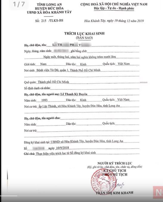 Trích lục khai sinh của hai em bé liên quan đến Lê Thanh Kỳ Duy6n