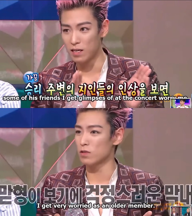 T.O.P lo lắng cho Seungri vì cựu idol liên tục giao du với những người bạn nguy hiểm, được cho là lợi dụng danh tiếng của em út BIGBANG. Vì từng có rất nhiều tiền, T.O.P hiểu được rủi ro tiềm tàng đối với 1 nghệ sĩ có tham vọng như Seungri