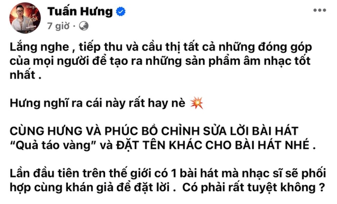 Tuấn Hưng đề xuất việc khán giả cùng viết lời mới cho ca khúc Quả Táo Vàng.