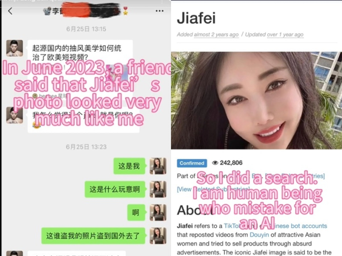 Sang đến năm 2023, bạn bè của cô mới nhận xét bức hình quá giống một nhận vật tên là Jiafei. Và từ đó cô nàng mới tìm hiểu về nhân vật ảo bí ẩn này.