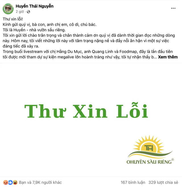 Lời xin lỗi của O Huyền trên trang cá nhân