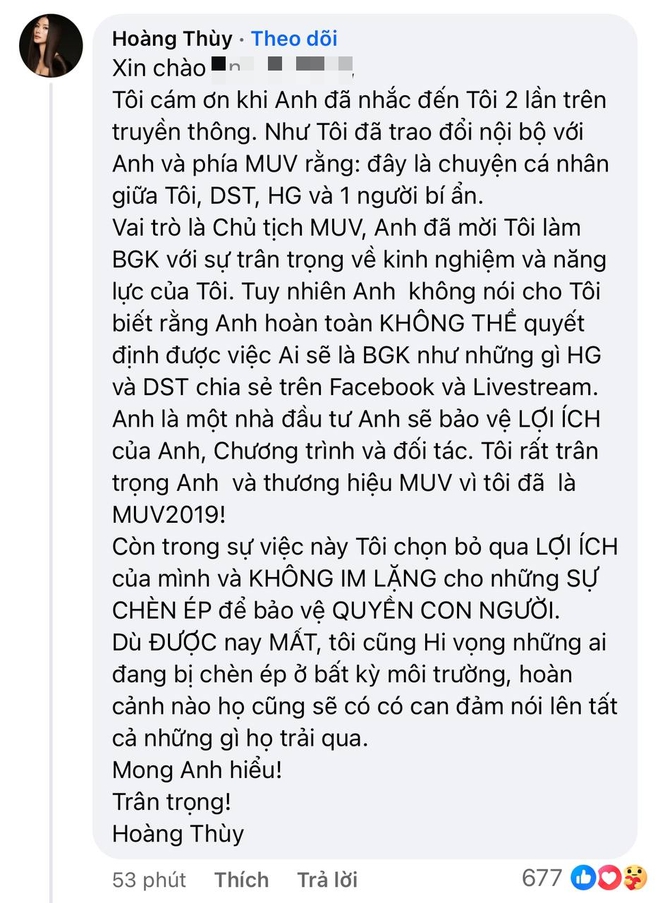 Hoàng Thùy trả lời chủ tịch Miss Universe Vietnam