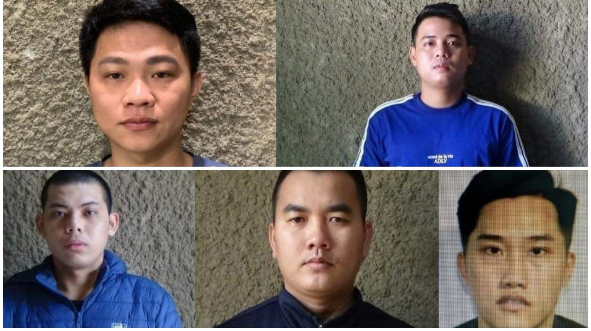 5 đối tượng cầm đầu đường dây (từ trên xuống dưới, từ trái qua phải) gồm: Lê Thanh Phúc, Nguyễn Hoài Sơn, Đường Trung Trực, Hồng Minh Đạt, Tưởng Thanh Tri. Ảnh: Công an Hòa Bình