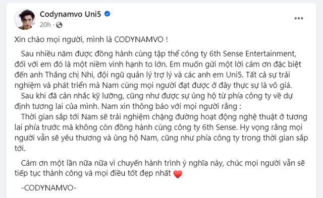 Toàn văn chia sẻ của Cody về việc rời 6thSense Entertainment.