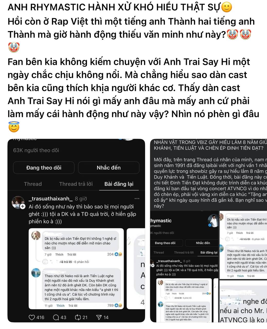 Bài viết của 1 netizen phát hiện Rhymastic có động thái repost lại những tin đồn được cho là hạ bệ Trấn Thành.