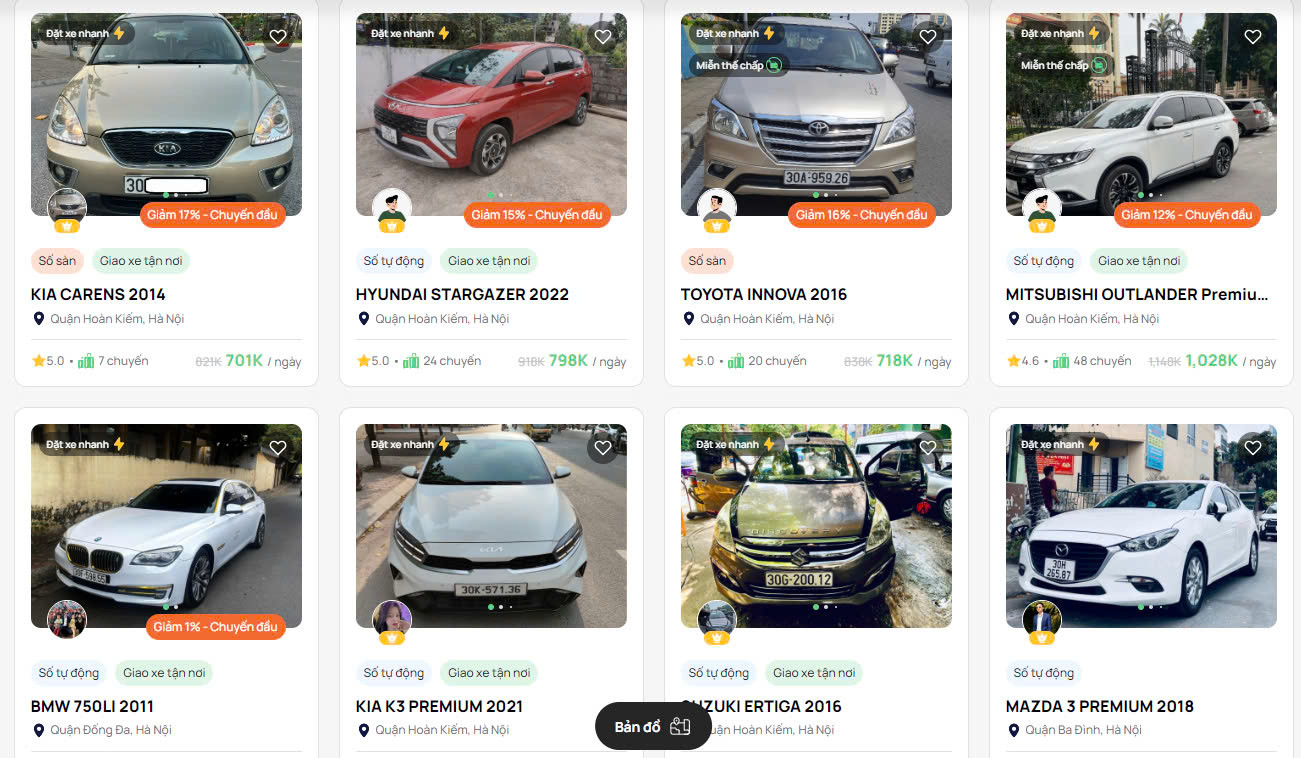 Một số mẫu xe và giá thuê tham khảo