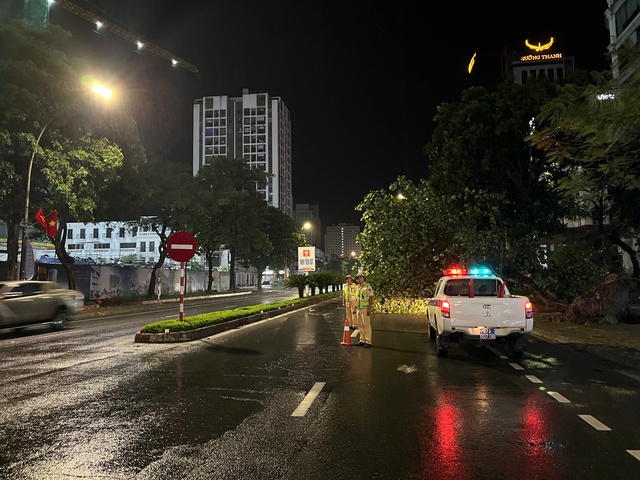 Lực lượng CSGT tổ chức phân luồng giao thông tại nơi có cây xanh bị gãy đổ.