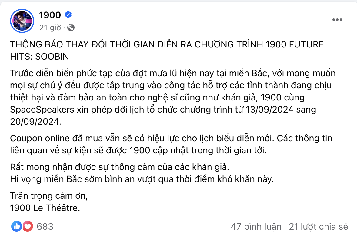 Đêm nhạc của nam ca sĩ SOOBIN tại club nổi tiếng ở Hà Nội được tạm dời sang ngày 20/9