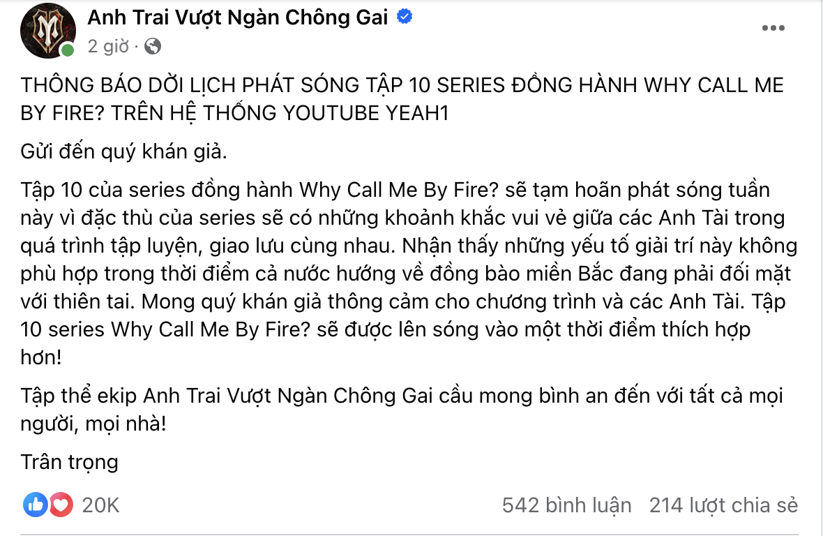 Anh Trai Vượt Ngàn Chông Gai dời lịch phát sóng tập hậu trường thứ 10 trong series đồng hành - Why Call Me By Fire?