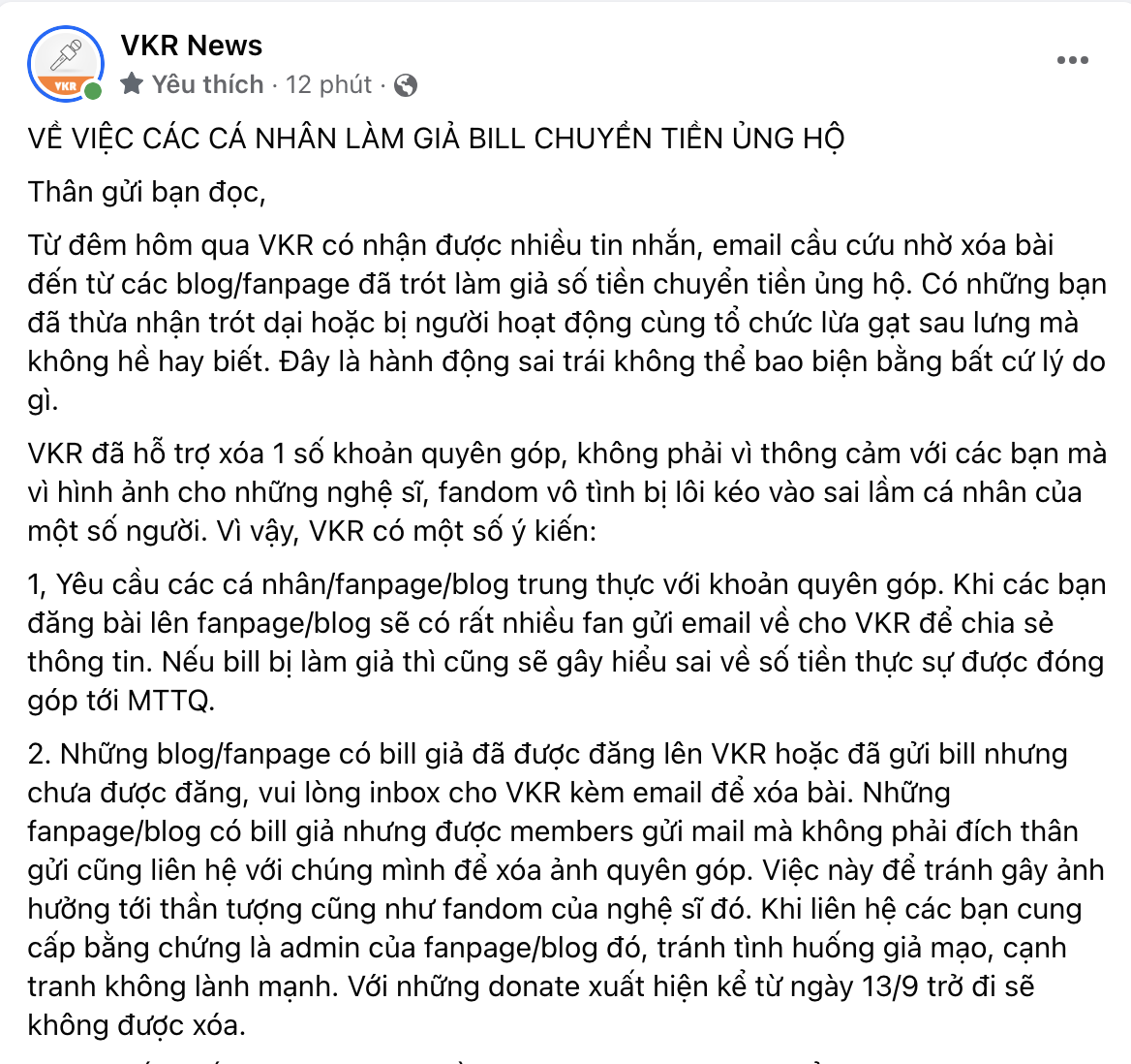 Fanpage VKR News đăng tải bài viết tiết lộ nhận được rất nhiều tin nhắn, email cầu cứu, xin xóa hình ảnh giao dịch được làm giả