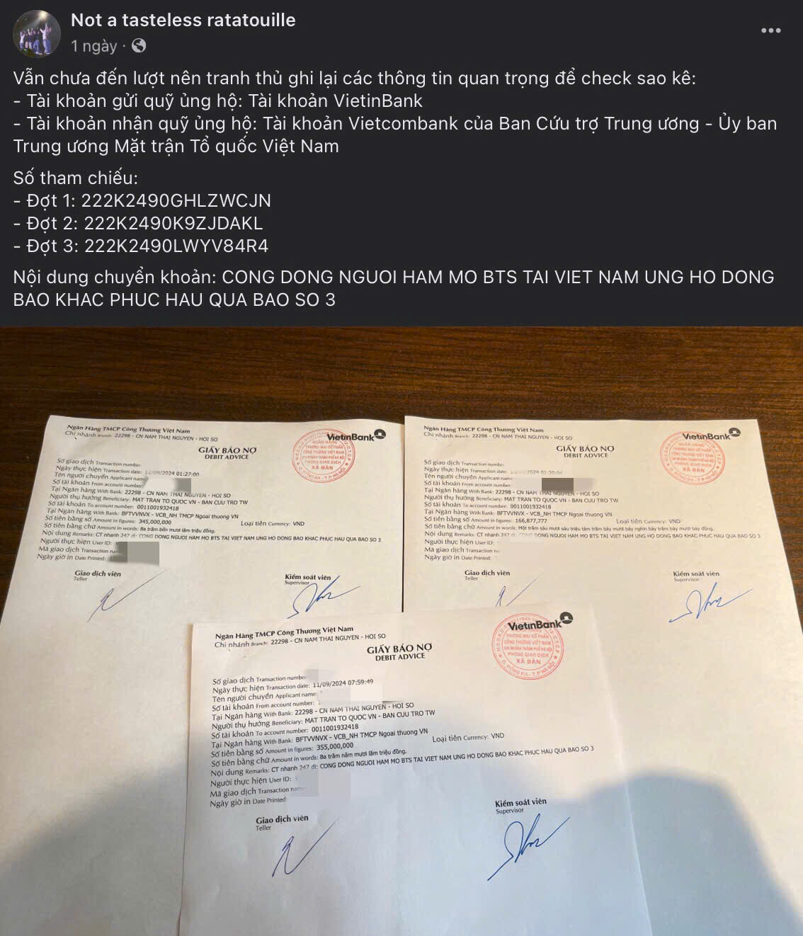 Ngạo nghễ như V - ARMY không ngại công khai giấy xác nhận chuyển khoản ủng hộ MTTQ.