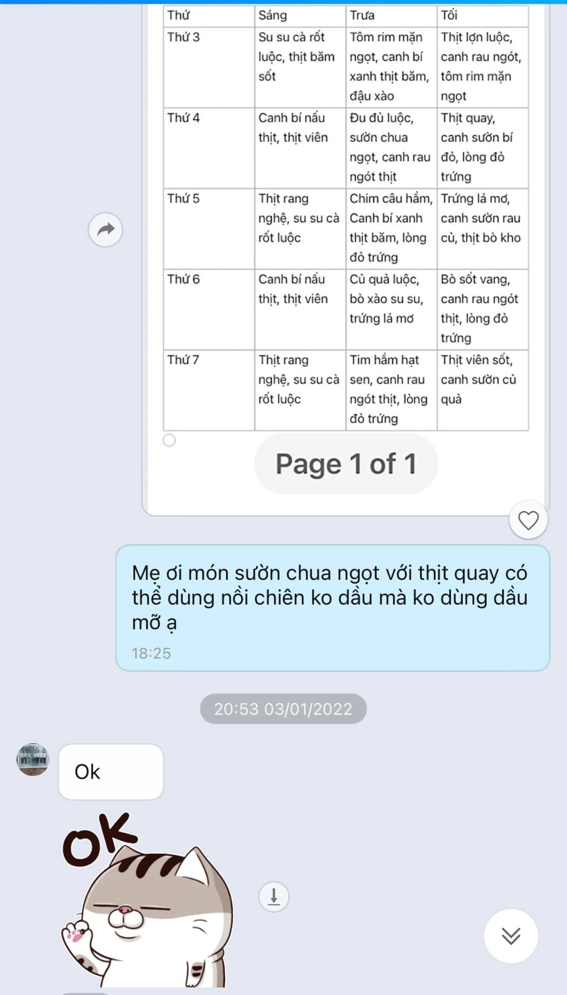 Thực đơn rất rõ ràng, chi tiết, hai mẹ con trao đổi thẳng thắn, thấu hiểu nhau
