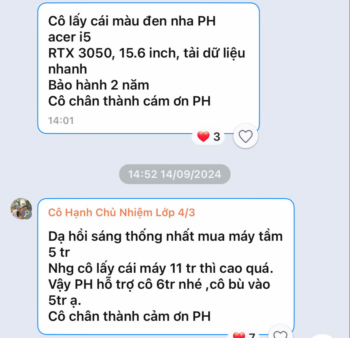 Những tin nhắn xin ủng hộ mua laptop