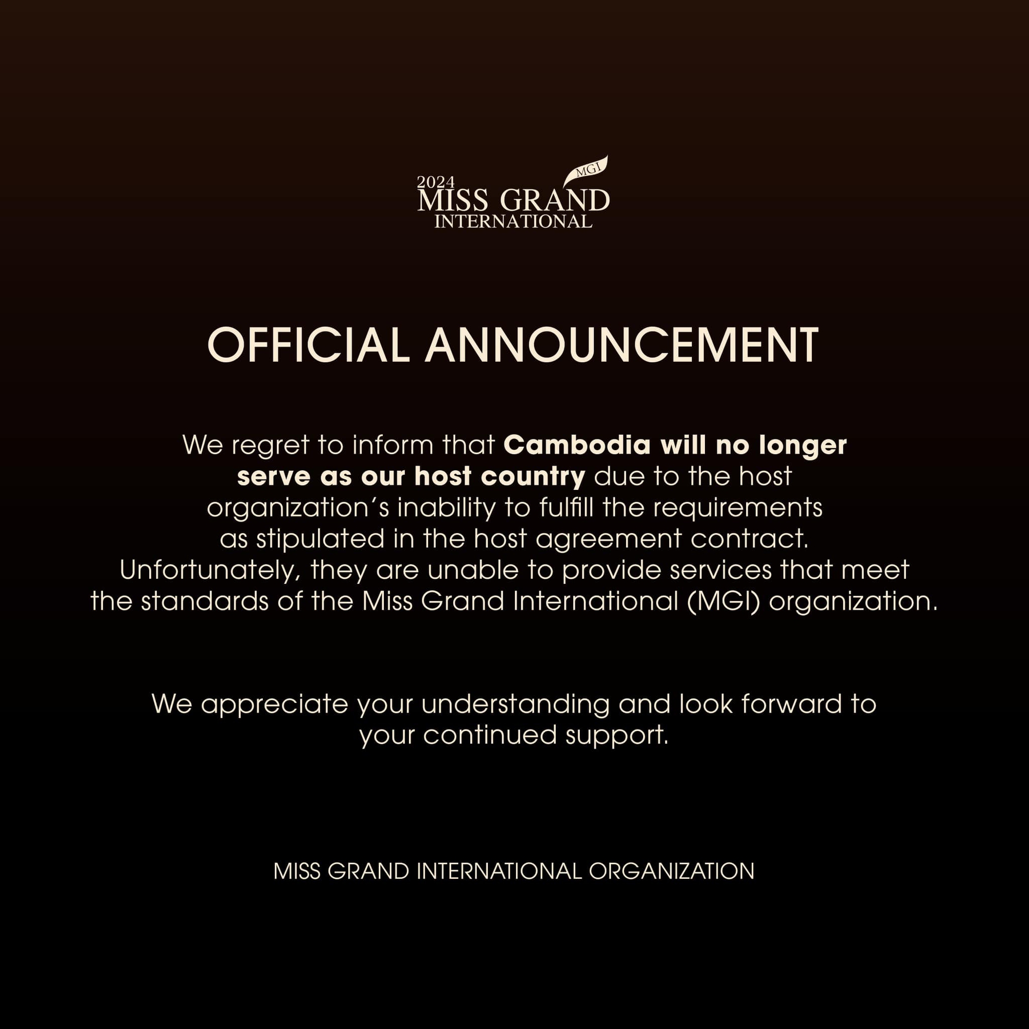 Thông cáo tước quyền chủ nhà của Campuchia từ BTC Miss Grand International