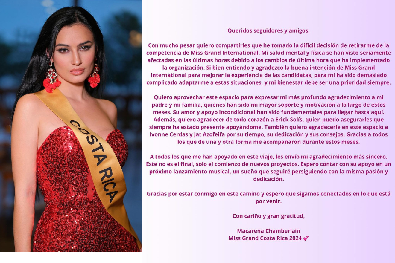 Hoa hậu Costa Rica thông báo sẽ không thi tiếp Miss Grand International 2024. Ảnh: Instagram