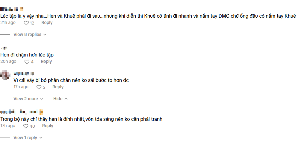 Bên cạnh đó, lại có netizen cho rằng Lan Khuê đáng ra phải đi chậm hơn chút cùng H'Hen Niê nhưng lại là người đi vụt lên bằng NTK Đỗ Mạnh Cường với Thanh Hằng, khiến nàng Hậu lọt thỏm phía sau 1 mình.