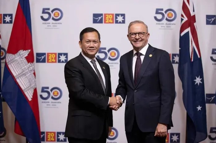 Thủ tướng Campuchia Hun Manet (trái) gặp người đồng cấp Australia Anthony Albanese bên lề Hội nghị Cấp cao Đặc biệt ASEAN - Australia 2024 tại Melbourne vào ngày 5/3. Ảnh: ASEAN