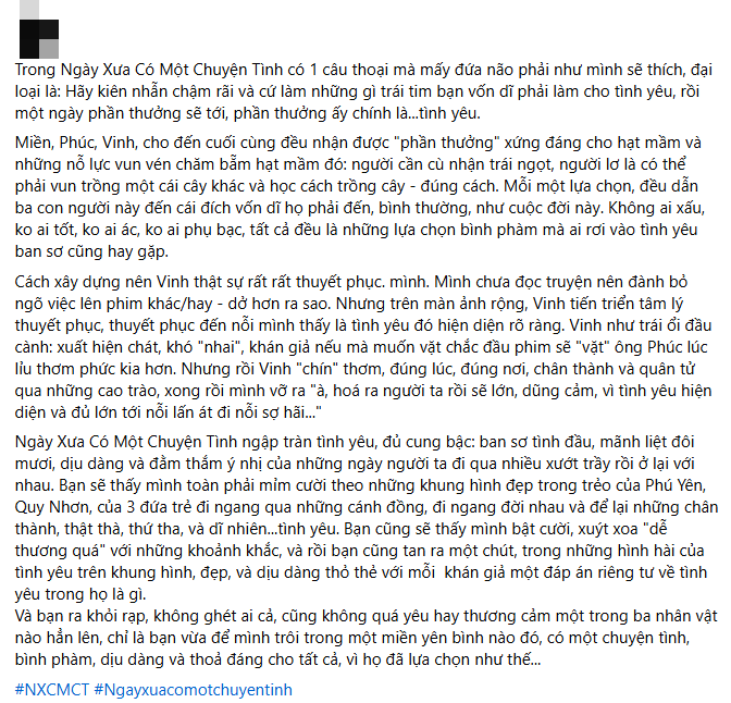 Ngày Xưa Có Một Chuyện Tình nhẹ nhàng, dung dị nhưng không thiếu chiều sâu. Một bộ phim với thông điệp dịu dàng và ấm áp về tình bạn, tình yêu và cả sự trưởng thành. Vai Vinh do Avin Lu thủ vai được khán giả đánh giá cao vì tính cách quân tử, trượng nghĩa, hết lòng vì người mình yêu.
